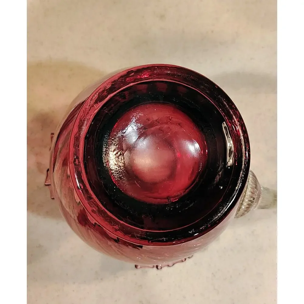Fenton Cranberry Glass Pitcher Ruffled Rim Swirl Dot Optic Clear Handle 10